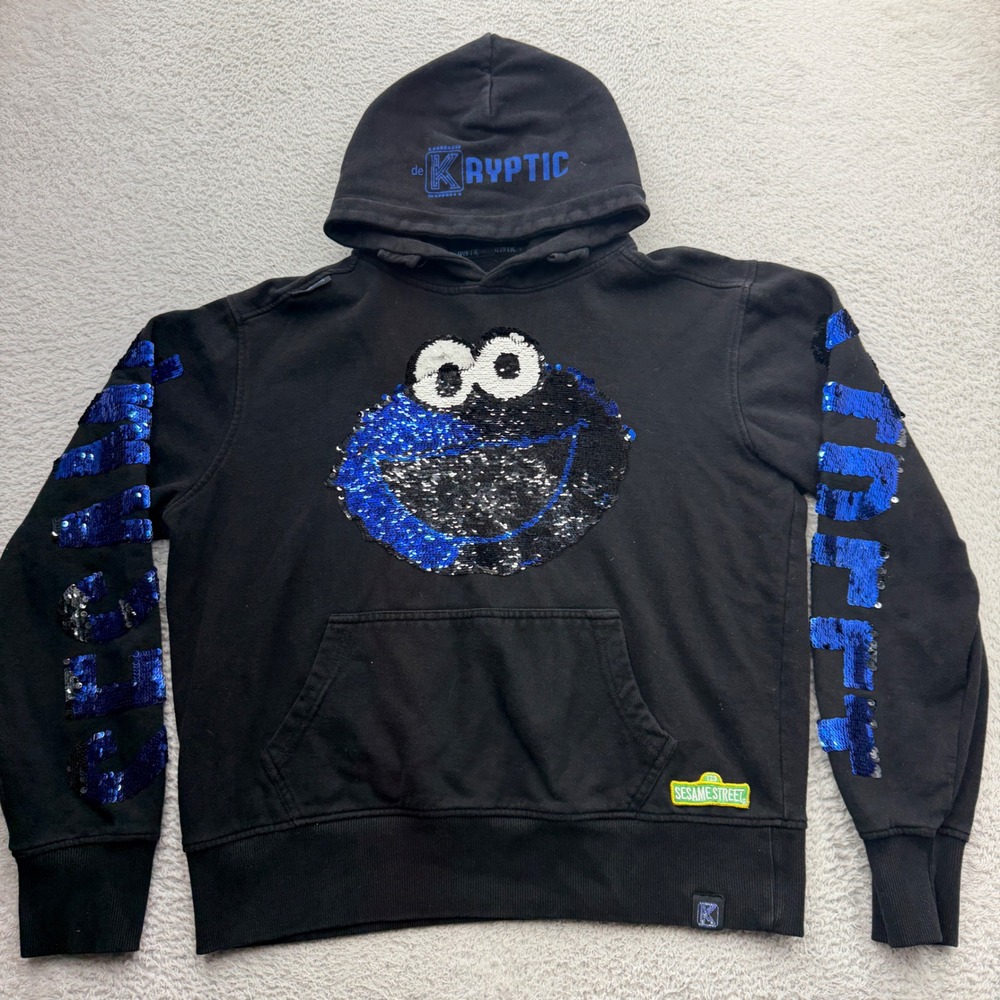 De Kryptic Sesame Street Cookie Monster Sequin Hoodie Black Mens Large